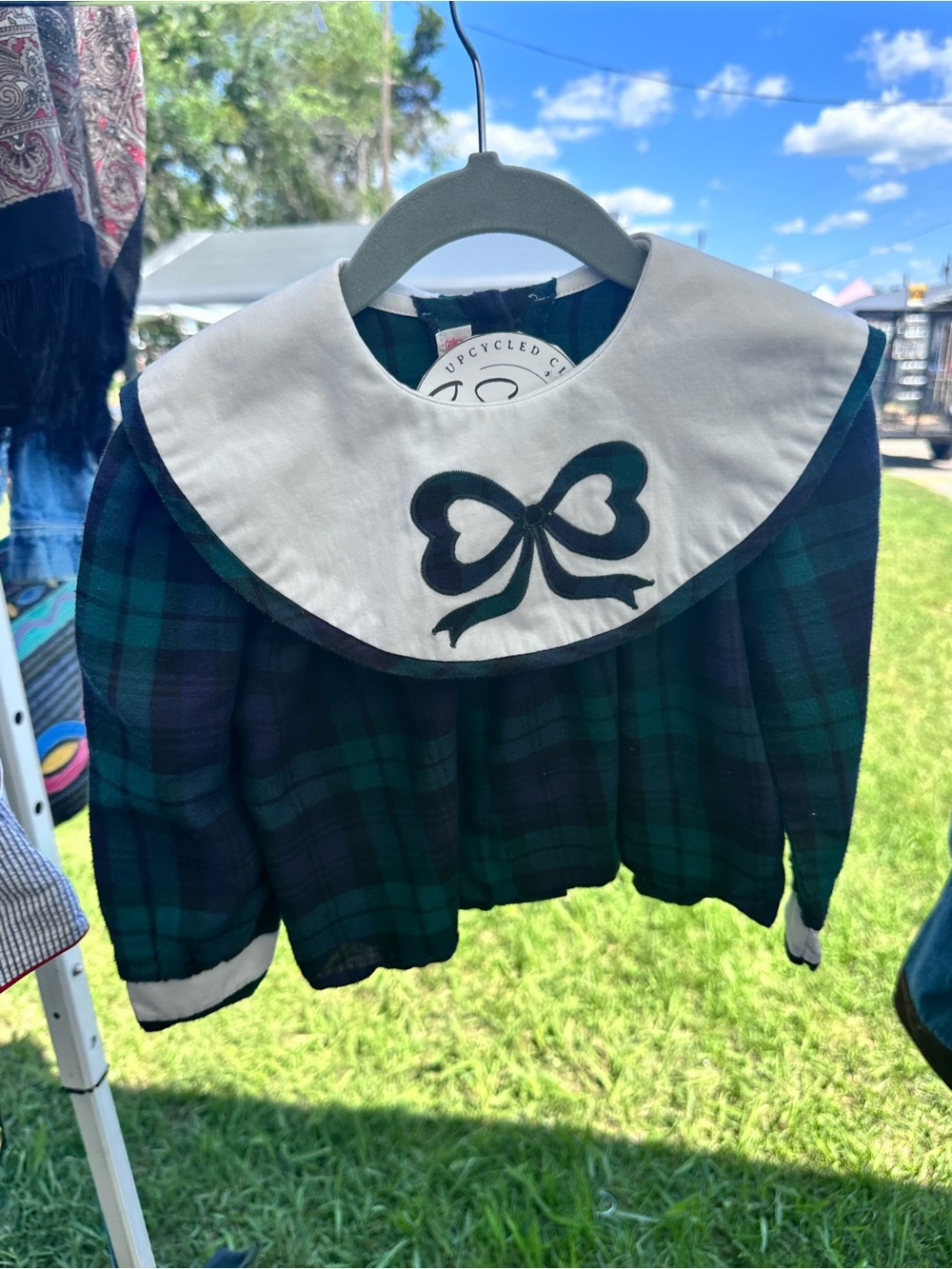 Plaid Green & Navy Sailor Collar Top with Bow